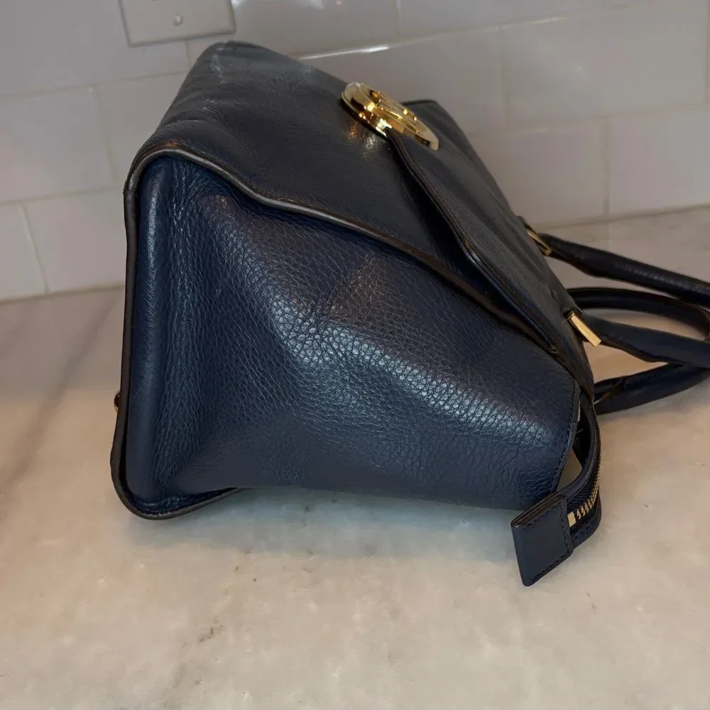 Michael Kors Bag Purse Handbag Leather Navy Hudson Medallion Flap Satchel Bag